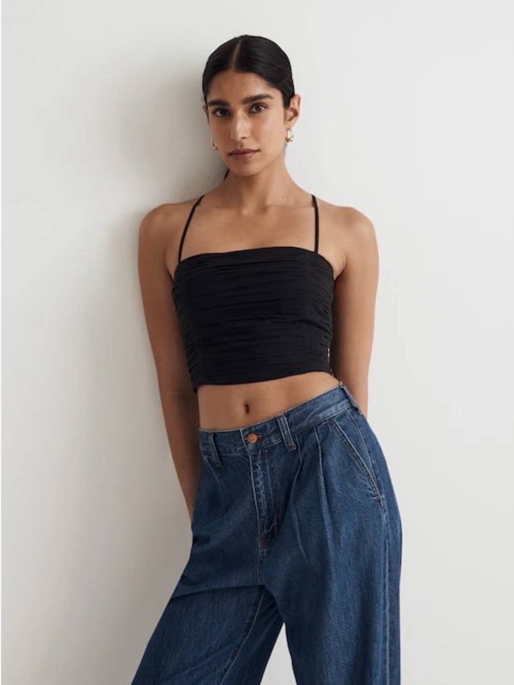 Madewell Poplin Crop Tube Top Pleated Crisscross Straps True Black Sz 4 NWT New